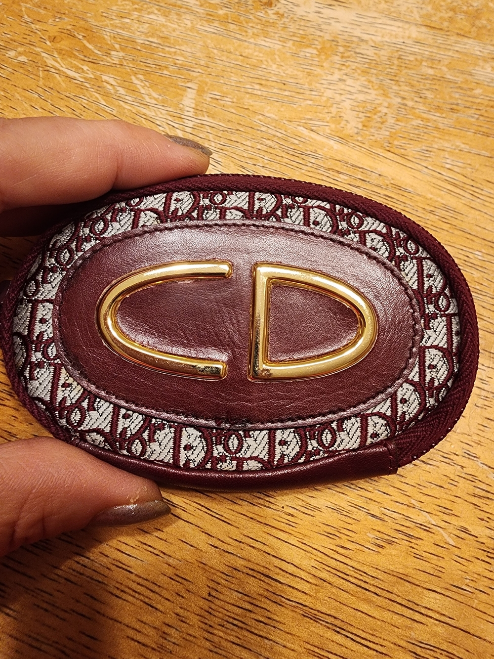 vintage Christian Dior Oblique monogram coin pouch in a rich burgundy color
